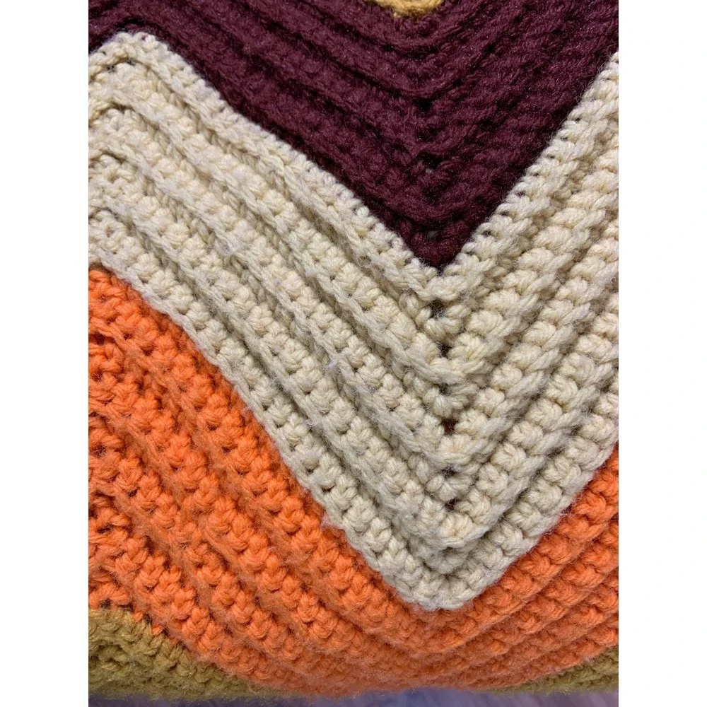 Vintage 70s Crochet Chevron Afghan Blanket Retro Orange Brown Boho Throw MCM